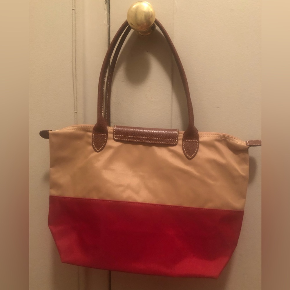 Longchamp Le Pliage red/tan small nylon tote bag with leather handles